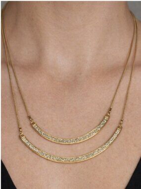 Gold Layered Necklace Double Strand Curved Bar Rhinestone Minimalist